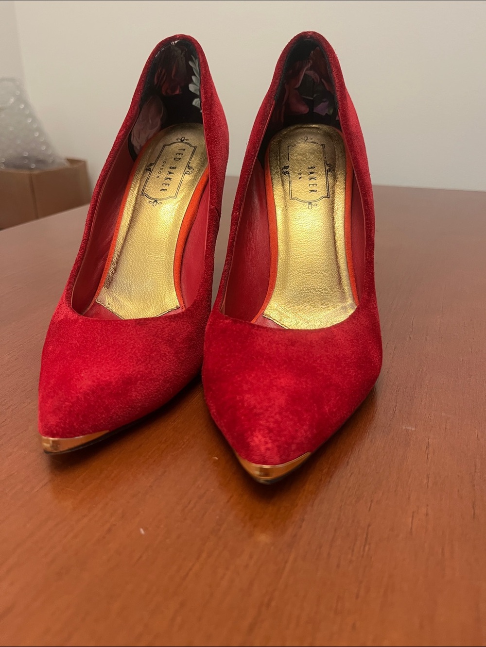 Ted Baker Red Suede Pointed Toe Heels with Gold Accent